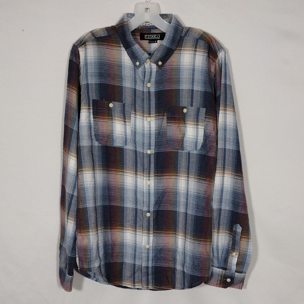 NWT Ezekiel Dark Blue Skinner Long Sleeve Plaid Button Down Shirt Mens Sz Medium